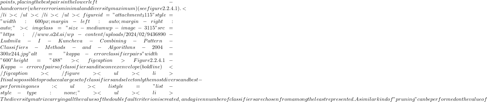 points, placing the best pairs in the lower left-hand corner (where error is minimal and diversity maximum) (see figure 2.2.4.1).   </li> </ul> </li> </ul> <figure id="attachment_3115" style="width: 600px; margin-left: auto; margin-right: auto;"><img class="size-medium wp-image-3115" src="https://www.a2d.ai/wp-content/uploads/2024/02/9436890-Ludmila-I-Kuncheva-Combining-Pattern-Classifiers-Methods-and-Algorithms-2004-300x244.jpg" alt="kappa-error classifier pairs" width="600" height="488"><figcaption>Figure 2.2.4.1 - Kappa-error of pairs of classifiers and its convex envelope (bold line)</figcaption></figure> <ul>  	<li>It is also possible to produce a large set of classifiers and select only the most diverse and best-performing ones: <ul>  	<li style="list-style-type: none;"> <ul>  	<li>The diversity matrix carrying all the values of the double fault criterion is created, and a given number of classifiers are chosen from among the least represented. A similar kind of "pruning" can be performed on the value of