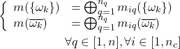 \begin{eqnarray*} \left\{ \begin{array}{ll} m(\{\omega_k\})&=\bigoplus_{q=1}^{n_q}m_{iq}(\{\omega_k\})\\ m(\overline{\omega_k})&=\bigoplus_{q=1}^{n_q}m_{iq}(\overline{\omega_k}) \end{array} \right.\\ \nonumber\forall q\in[1,n], \forall i\in[1,n_c] \end{eqnarray*}