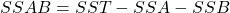 \begin{equation*} SSAB=SST-SSA-SSB \end{equation*}