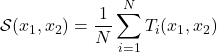 Rendered by QuickLaTeX.com \begin{equation*} \mathcal{S}(x_1,x_2)=\frac{1}{N}\sum_{i=1}^{N}T_i(x_1,x_2) \end{equation*}