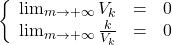 \begin{equation*} \left\{ \begin{array}{ccc} \lim_{m\rightarrow +\infty}V_k&=&0\\ \lim_{m\rightarrow +\infty}\frac{k}{V_k}&=&0 \end{array} \right. \end{equation*}