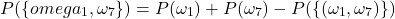 \begin{equation*} P(\{omega_1,\omega_7\})=P(\omega_1)+P(\omega_7)-P(\{(\omega_1,\omega_7)\}) \end{equation*}